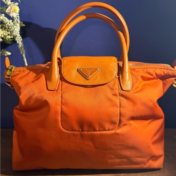 Prada Handbags - Prada Orange Nylon Raffia Tote Bag- Medium- authentic- leather handles- EUC